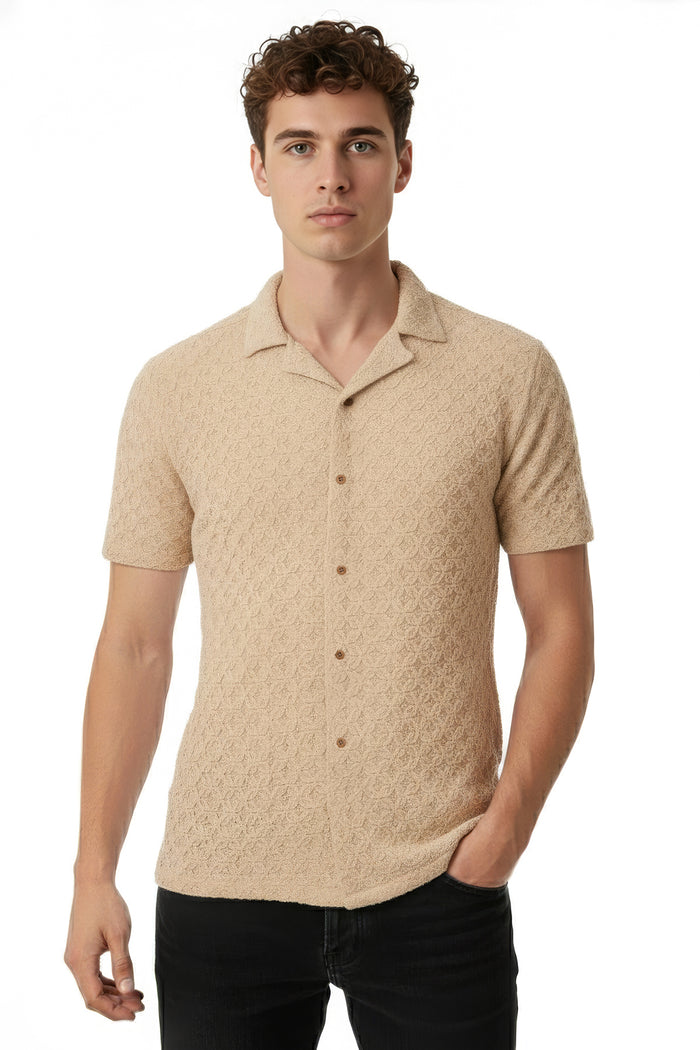 Men's Textured Waffle Knit Camp Collar Shirt
