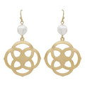 Gold-tone geometric drop earrings with faux pearl accents on a white background from The Pink Doxie Boutique.