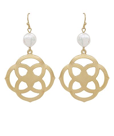 Gold-tone geometric drop earrings with faux pearl accents on a white background from The Pink Doxie Boutique.