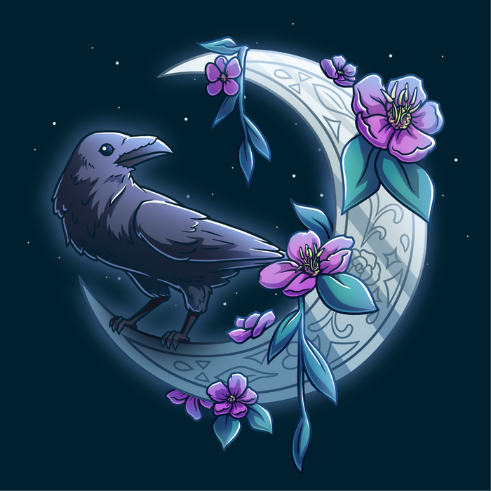 Premium Cotton T-shirt_TeeTurtle navy blue Midnight Perch Premium Cotton T-shirt featuring a raven perched and glowing atop a fancy crescent moon with pink flowers and stars in the background