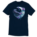 Premium Cotton T-shirt_TeeTurtle navy blue Midnight Perch Premium Cotton T-shirt featuring a raven perched and glowing atop a fancy crescent moon with pink flowers and stars in the background