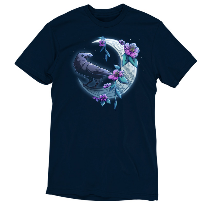 Premium Cotton T-shirt_TeeTurtle navy blue Midnight Perch Premium Cotton T-shirt featuring a raven perched and glowing atop a fancy crescent moon with pink flowers and stars in the background