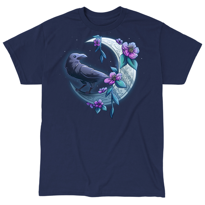 Classic Cotton T-shirt_TeeTurtle navy blue Midnight Perch Classic Cotton T-shirt featuring a raven perched and glowing atop a fancy crescent moon with pink flowers and stars in the background