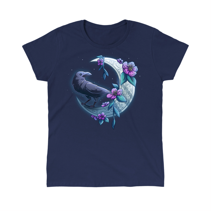Classic Cotton T-shirt_TeeTurtle navy blue Midnight Perch Classic Cotton T-shirt featuring a raven perched and glowing atop a fancy crescent moon with pink flowers and stars in the background