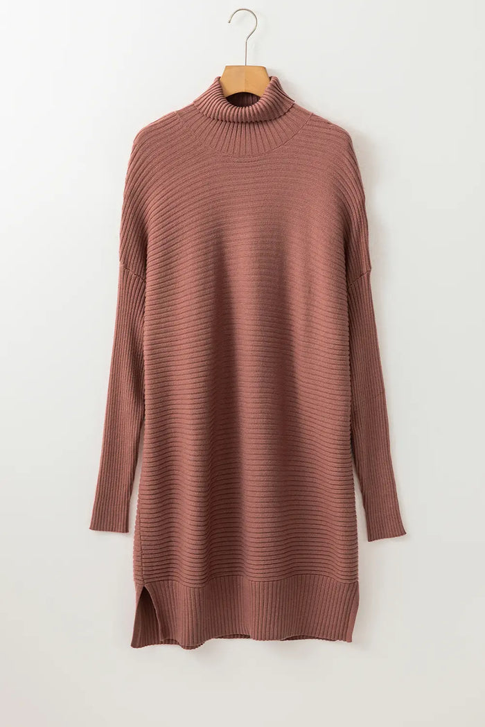 Mineral Red Turtleneck Ribbed Knit Tunic Sweater