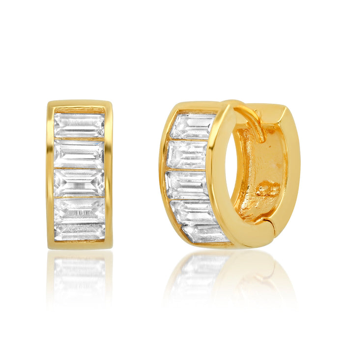 Gold-tone huggie hoop earrings with rectangular baguette CZ row in gold bezel