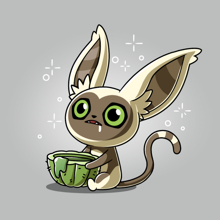 Premium Cotton T-shirt_TeeTurtle silver gray Momo's Cactus Juice Premium Cotton T-shirt featuring Momo from Avatar: The Last Airbender, holding a cactus cup with something dripping down the side. He is drooling and looks dazed.
