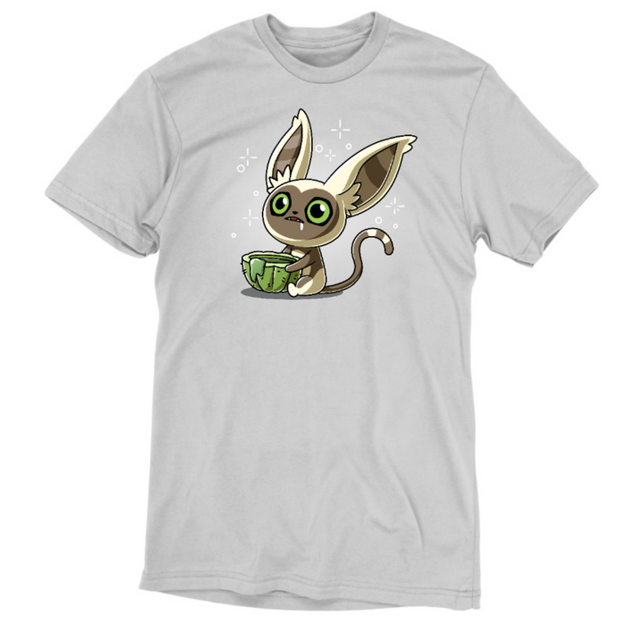 Premium Cotton T-shirt_TeeTurtle silver gray Momo's Cactus Juice Premium Cotton T-shirt featuring Momo from Avatar: The Last Airbender, holding a cactus cup with something dripping down the side. He is drooling and looks dazed.