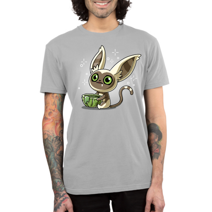Premium Cotton T-shirt_TeeTurtle silver gray Momo's Cactus Juice Premium Cotton T-shirt featuring Momo from Avatar: The Last Airbender, holding a cactus cup with something dripping down the side. He is drooling and looks dazed.