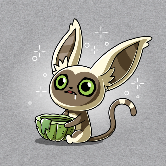 Classic Cotton T-shirt_TeeTurtle heather gray Momo's Cactus Juice Classic Cotton T-shirt featuring Momo from Avatar: The Last Airbender, holding a cactus cup with something dripping down the side. He is drooling and looks dazed.