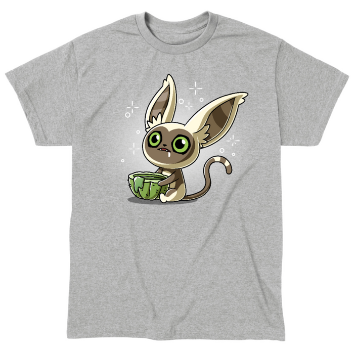 Classic Cotton T-shirt_TeeTurtle heather gray Momo's Cactus Juice Classic Cotton T-shirt featuring Momo from Avatar: The Last Airbender, holding a cactus cup with something dripping down the side. He is drooling and looks dazed.