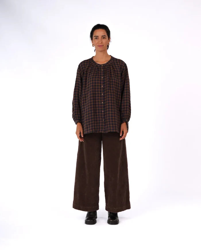 Montaigne - Carmen Button Through Top - Blue/Brown Check - MO-085