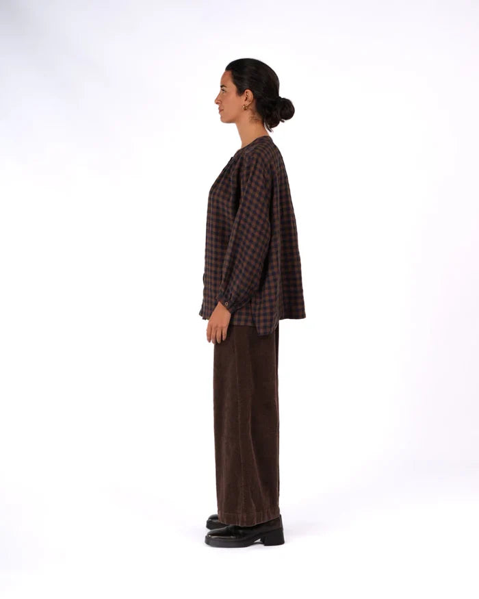 Montaigne - Carmen Button Through Top - Blue/Brown Check - MO-085