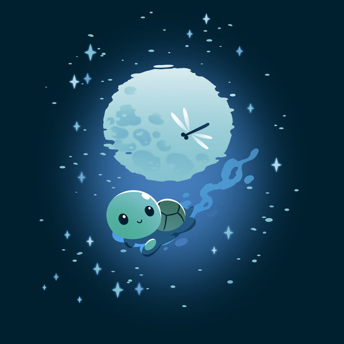 Premium Cotton T-shirt_TeeTurtle navy blue Moonlight Swim apparel featuring a swimming turtle with the full moon reflected on the water’s surface, and a dragonfly floating above the moon’s reflection.