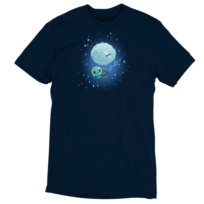 Premium Cotton T-shirt_TeeTurtle navy blue Moonlight Swim apparel featuring a swimming turtle with the full moon reflected on the water’s surface, and a dragonfly floating above the moon’s reflection.