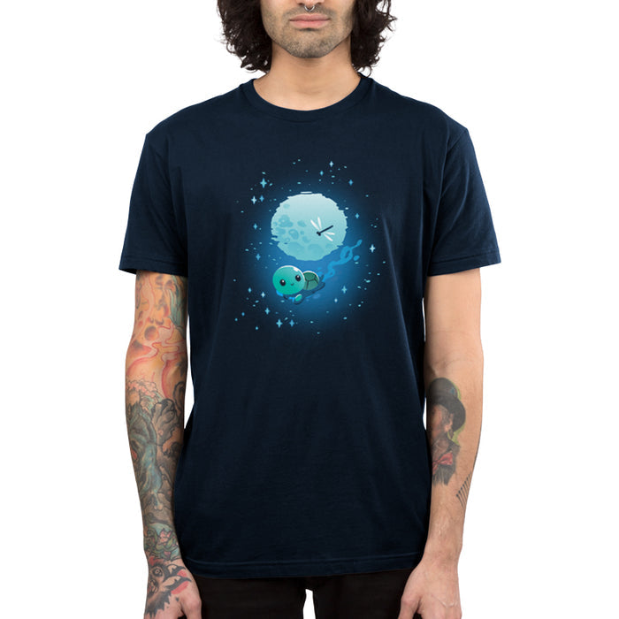 Premium Cotton T-shirt_TeeTurtle navy blue Moonlight Swim apparel featuring a swimming turtle with the full moon reflected on the water’s surface, and a dragonfly floating above the moon’s reflection.