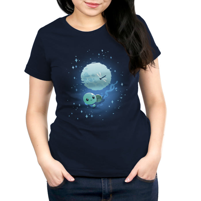 Premium Cotton T-shirt_TeeTurtle navy blue Moonlight Swim apparel featuring a swimming turtle with the full moon reflected on the water’s surface, and a dragonfly floating above the moon’s reflection.