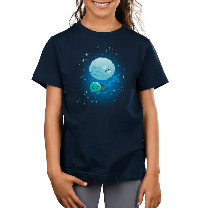 Premium Cotton T-shirt_TeeTurtle navy blue Moonlight Swim apparel featuring a swimming turtle with the full moon reflected on the water’s surface, and a dragonfly floating above the moon’s reflection.
