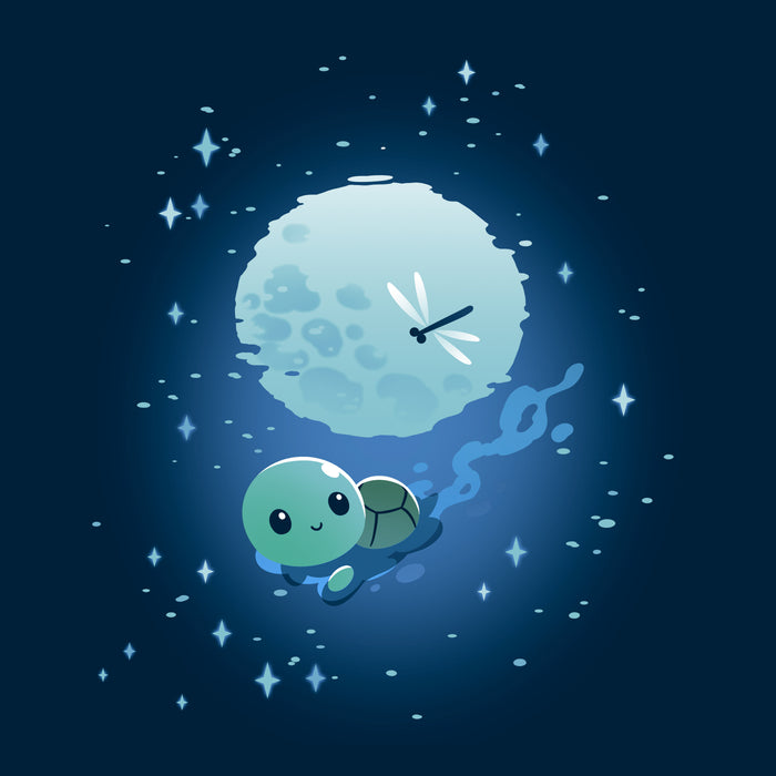 Classic Cotton T-shirt_TeeTurtle navy blue Moonlight Swim apparel featuring a swimming turtle with the full moon reflected on the water’s surface, and a dragonfly floating above the moon’s reflection.
