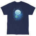 Classic Cotton T-shirt_TeeTurtle navy blue Moonlight Swim apparel featuring a swimming turtle with the full moon reflected on the water’s surface, and a dragonfly floating above the moon’s reflection.