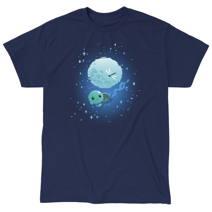 Classic Cotton T-shirt_TeeTurtle navy blue Moonlight Swim apparel featuring a swimming turtle with the full moon reflected on the water’s surface, and a dragonfly floating above the moon’s reflection.