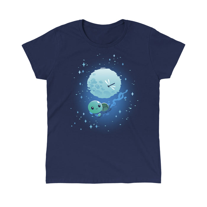 Classic Cotton T-shirt_TeeTurtle navy blue Moonlight Swim apparel featuring a swimming turtle with the full moon reflected on the water’s surface, and a dragonfly floating above the moon’s reflection.
