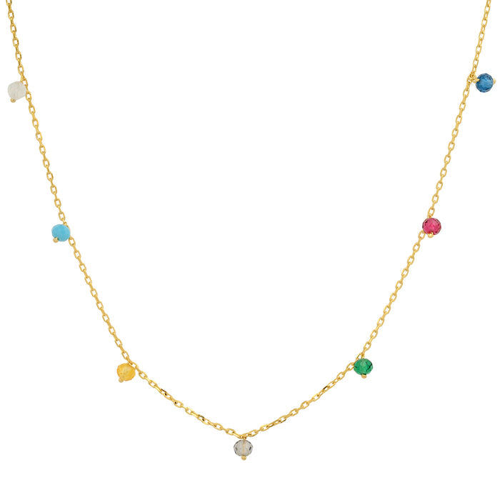 Gold-tone station necklace with multicolored CZ beads and clear center charm