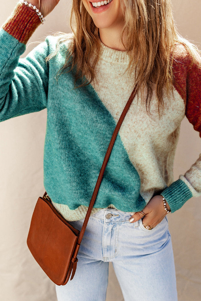 MultiColour Colourblock Ribbed Trim Round Neck Sweater - MULTICOLOR / S / 74% ACRYLIC+ 22% POLYESTER + 4% ELASTANE