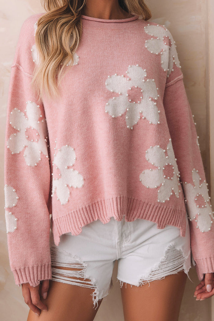 Multicolour Pearl Beaded Floral Drop Shoulder Sweater - MULTICOLOUR / S / 42% ACRYLIC + 30% POLYESTER + 28% POLYAMIDE