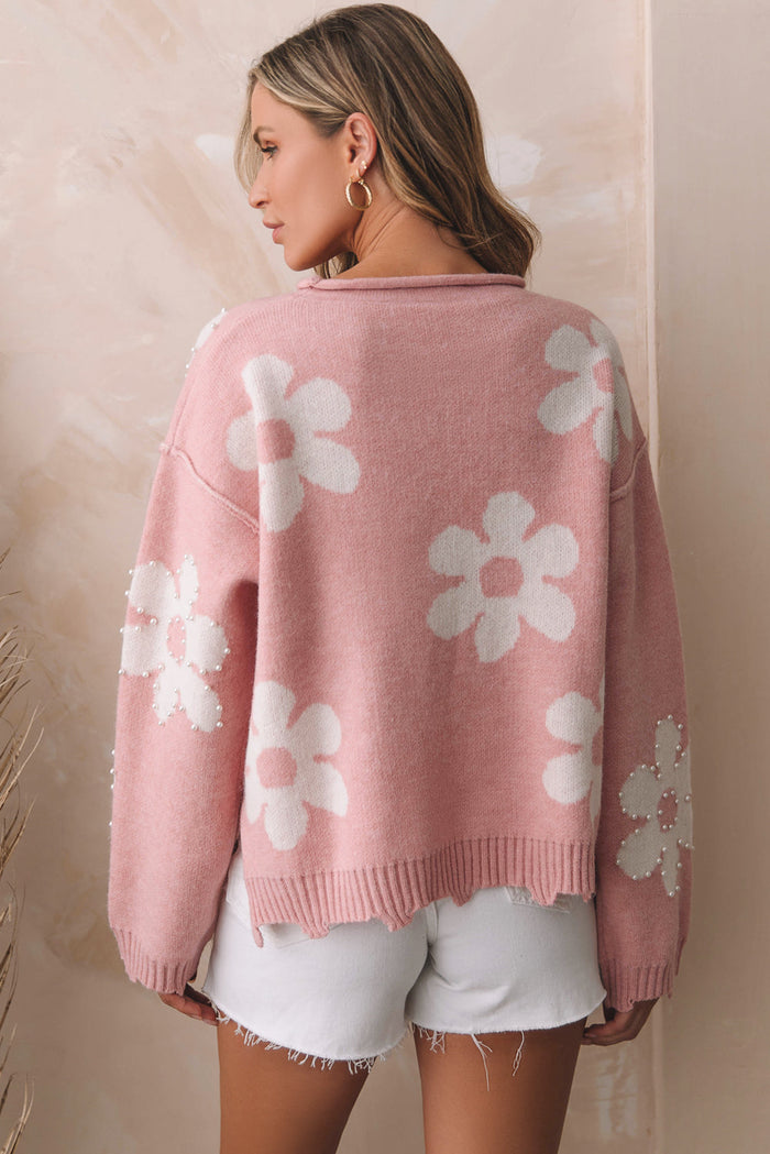 Multicolour Pearl Beaded Floral Drop Shoulder Sweater - Sweaters & Cardigans/Sweaters