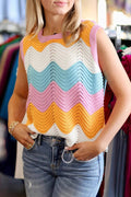 Multicolour Striped Colourblock Scalloped Hem Knitted Vest - MULTICOLOUR / S / 55% ACRYLIC + 45% COTTON - Sweaters &