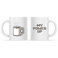 Ceramic Mug_TeeTurtle My Power Up white mug featuring a pixelated coffee cup, with the caption, “My Power Up“.
