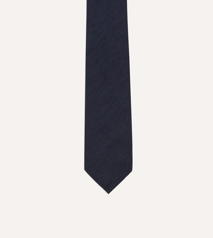 Navy Herringbone Shantung Silk Tipped Tie