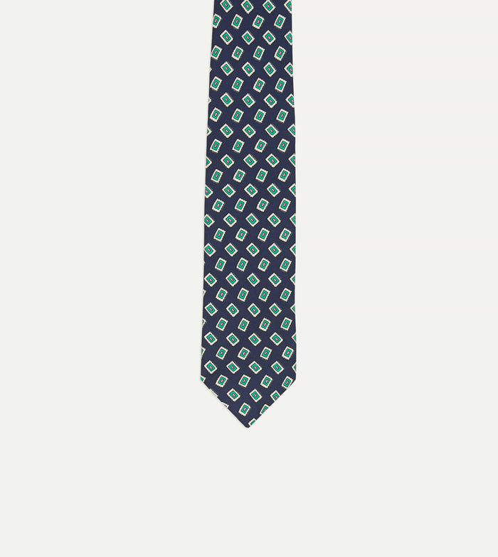 Navy Jumbled Medallion Print Silk Self Tipped Tie