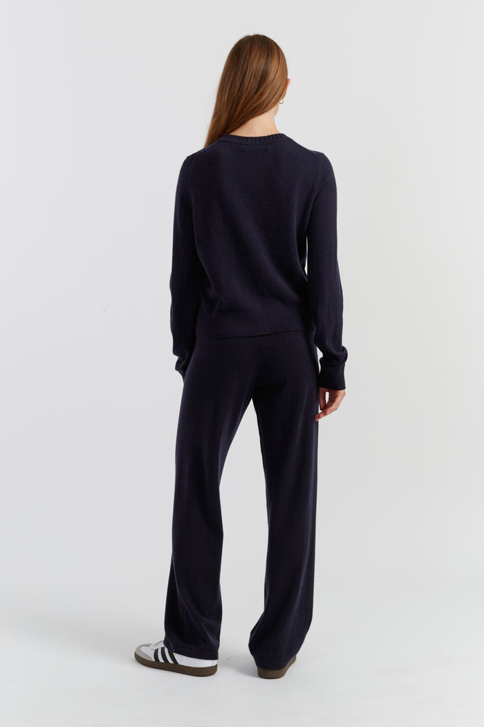 Navy Wool-Cashmere Crew Neck Cardigan