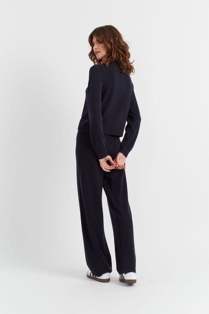 Navy Wool-Cashmere Crew Neck Cardigan
