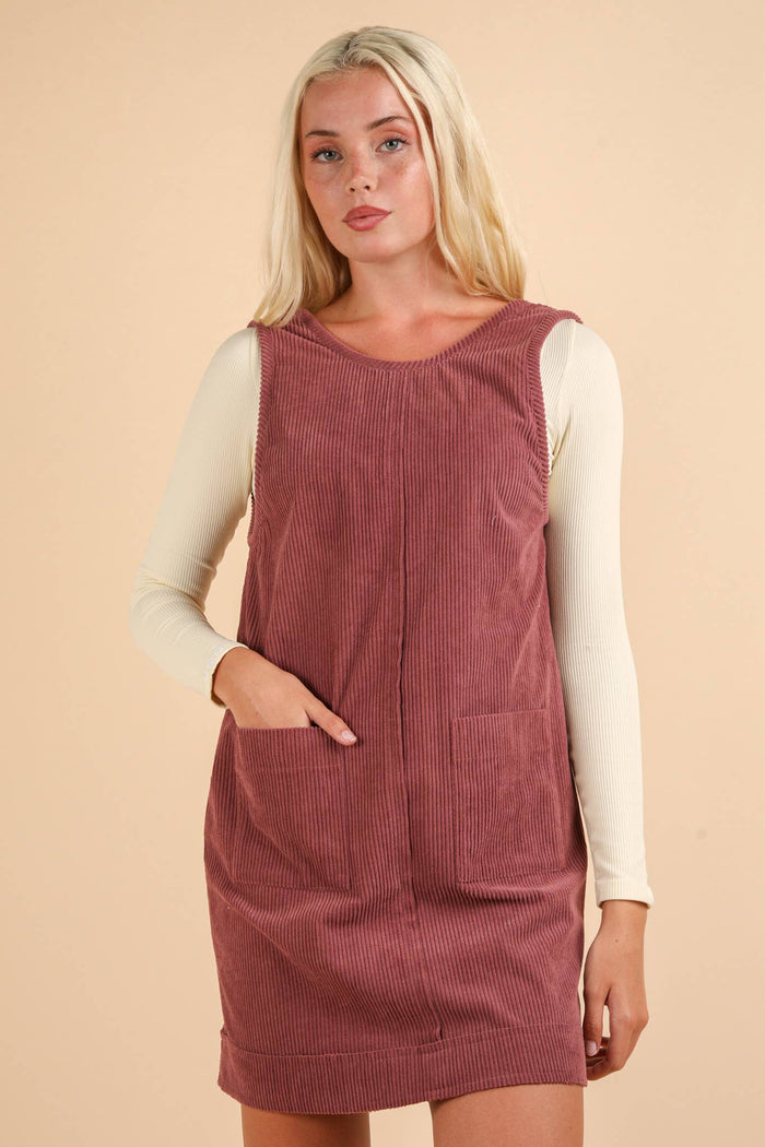 ND31402-Corduroy Backless Casual Mini Dress: MAUVE / S-M-L/2-2-2