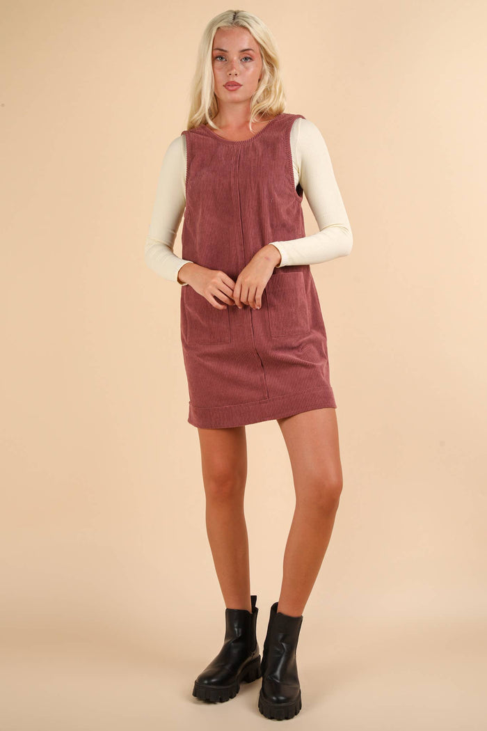 ND31402-Corduroy Backless Casual Mini Dress: MAUVE / S-M-L/2-2-2