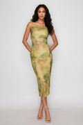 Olive Shirred Cowl Neck Printed Mesh Dress