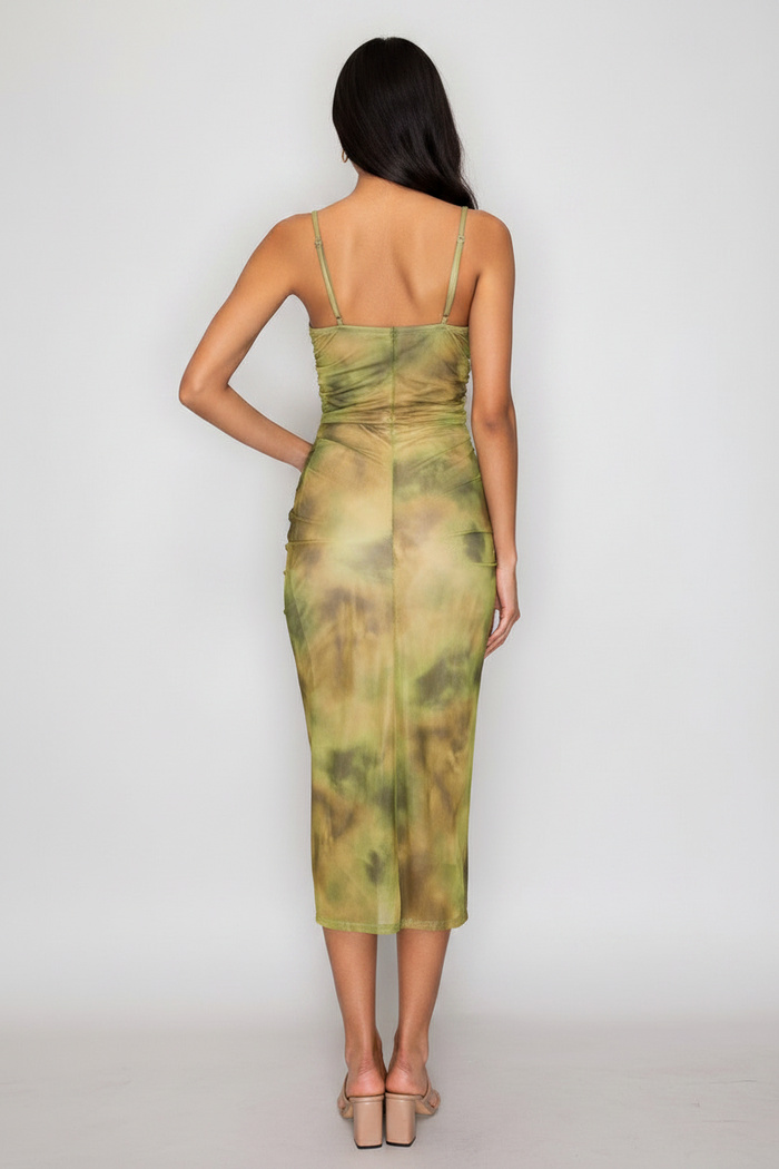 Olive Shirred Cowl Neck Printed Mesh Dress