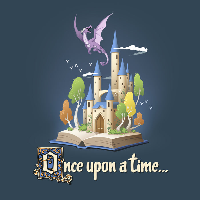 Premium Cotton T-shirt_TeeTurtle denim blue Once Upon a Time apparel featuring an open book with a castle and flying dragon emerging from it.