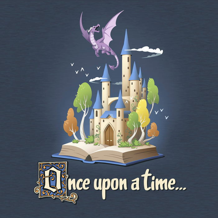 Classic Cotton T-shirt_TeeTurtle heather navy Once Upon a Time apparel featuring an open book with a castle and flying dragon emerging from it.