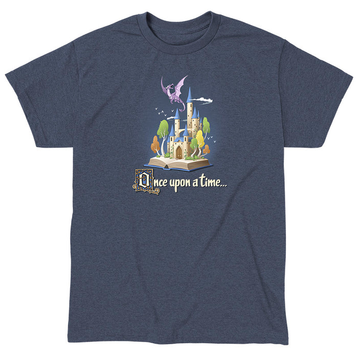 Classic Cotton T-shirt_TeeTurtle heather navy Once Upon a Time apparel featuring an open book with a castle and flying dragon emerging from it.