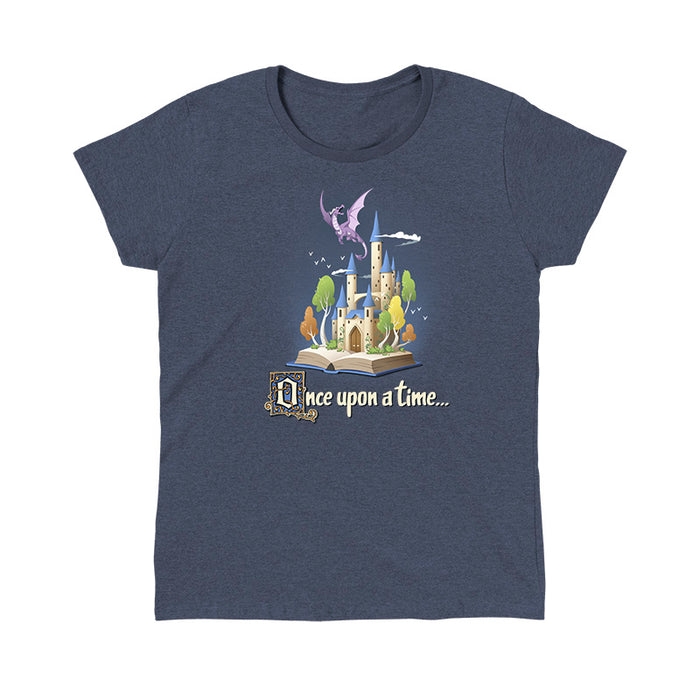 Classic Cotton T-shirt_TeeTurtle heather navy Once Upon a Time apparel featuring an open book with a castle and flying dragon emerging from it.