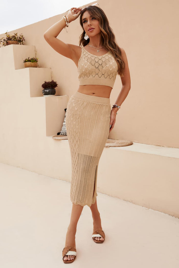 Openwork Cropped Tank and Split Skirt Set - Madikfashions.com
