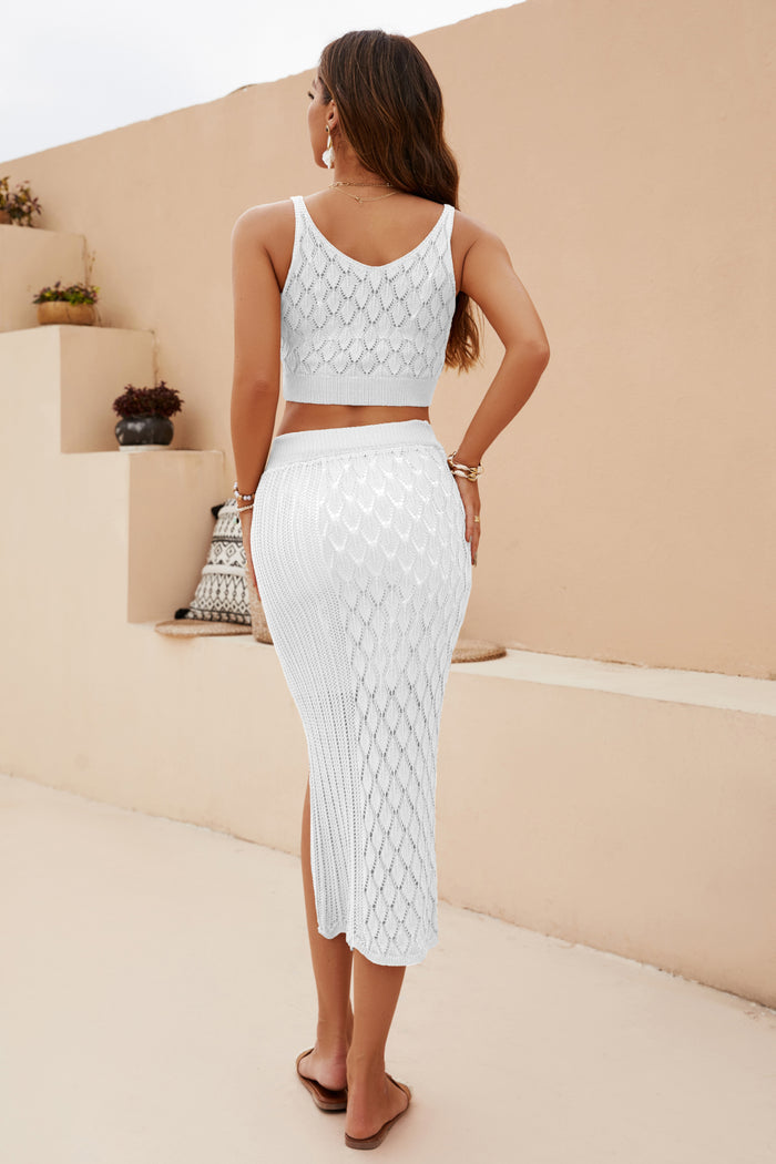 Openwork Cropped Tank and Split Skirt Set - Madikfashions.com