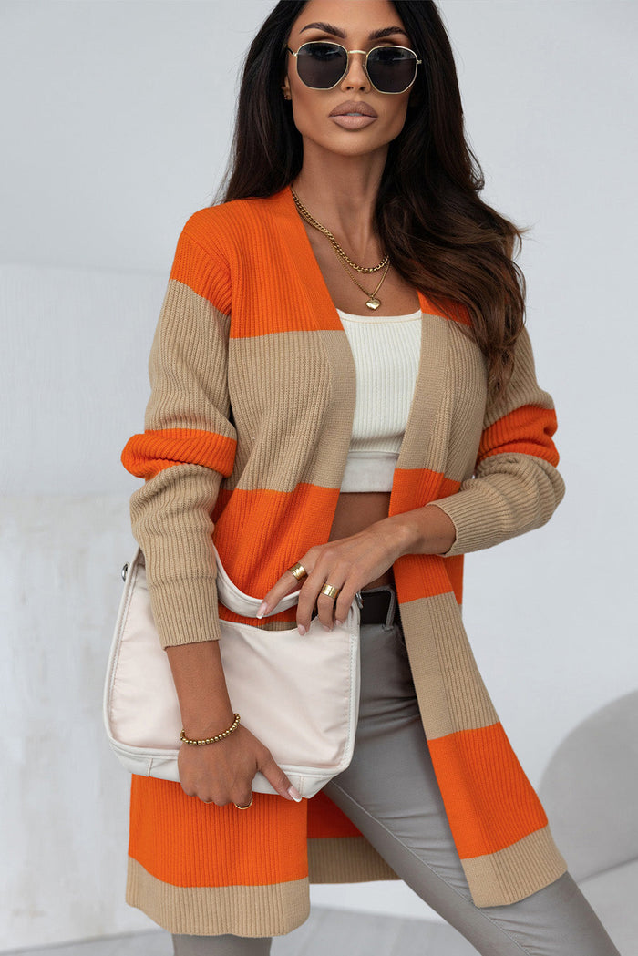 Orange Colourblock Ribbed Knit Cardigan - ORANGE / S / 60% COTTON + 40% ACRYLIC - Sweaters & Cardigans/Cardigans