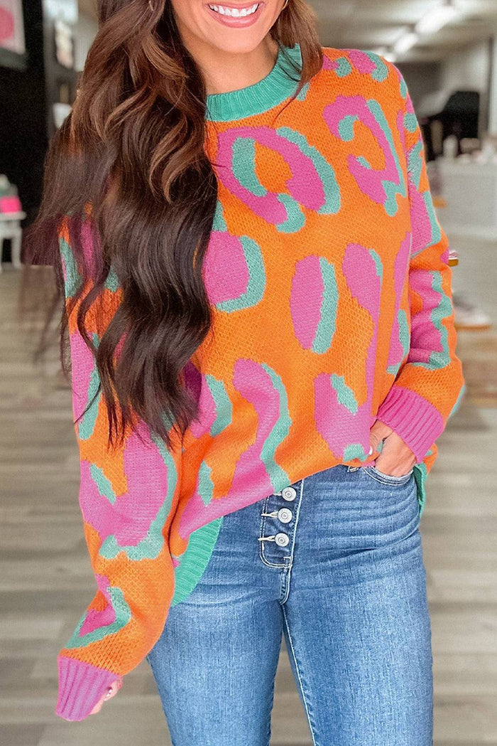Orange Leopard Colourblock Ribbed Edge Sweater - ORANGE / S / 50% VISCOSE + 28% POLYESTER + 22% POLYAMIDE - Sweaters &