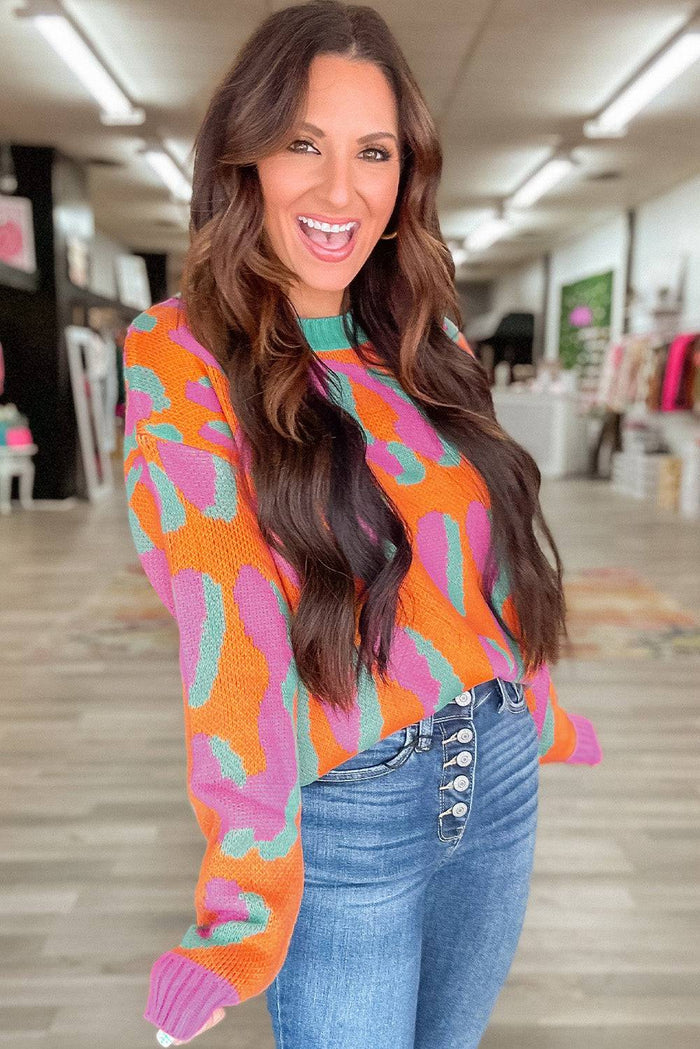 Orange Leopard Colourblock Ribbed Edge Sweater - Sweaters & Cardigans/Sweaters