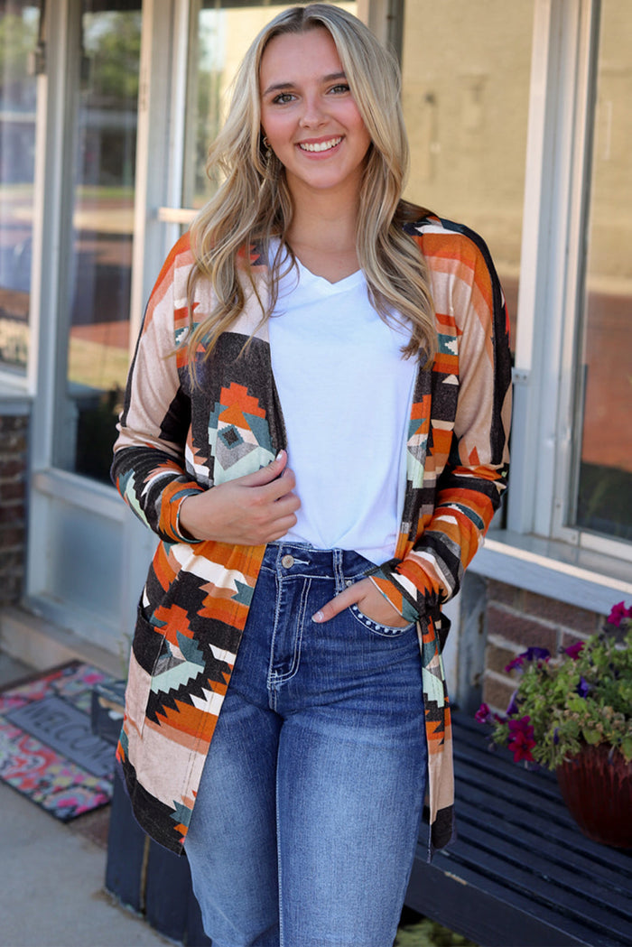 Orange Western Tribal Aztec Print Cardigan - ORANGE / S / 95% POLYESTER + 5% ELASTANE - Sweaters & Cardigans/Cardigans